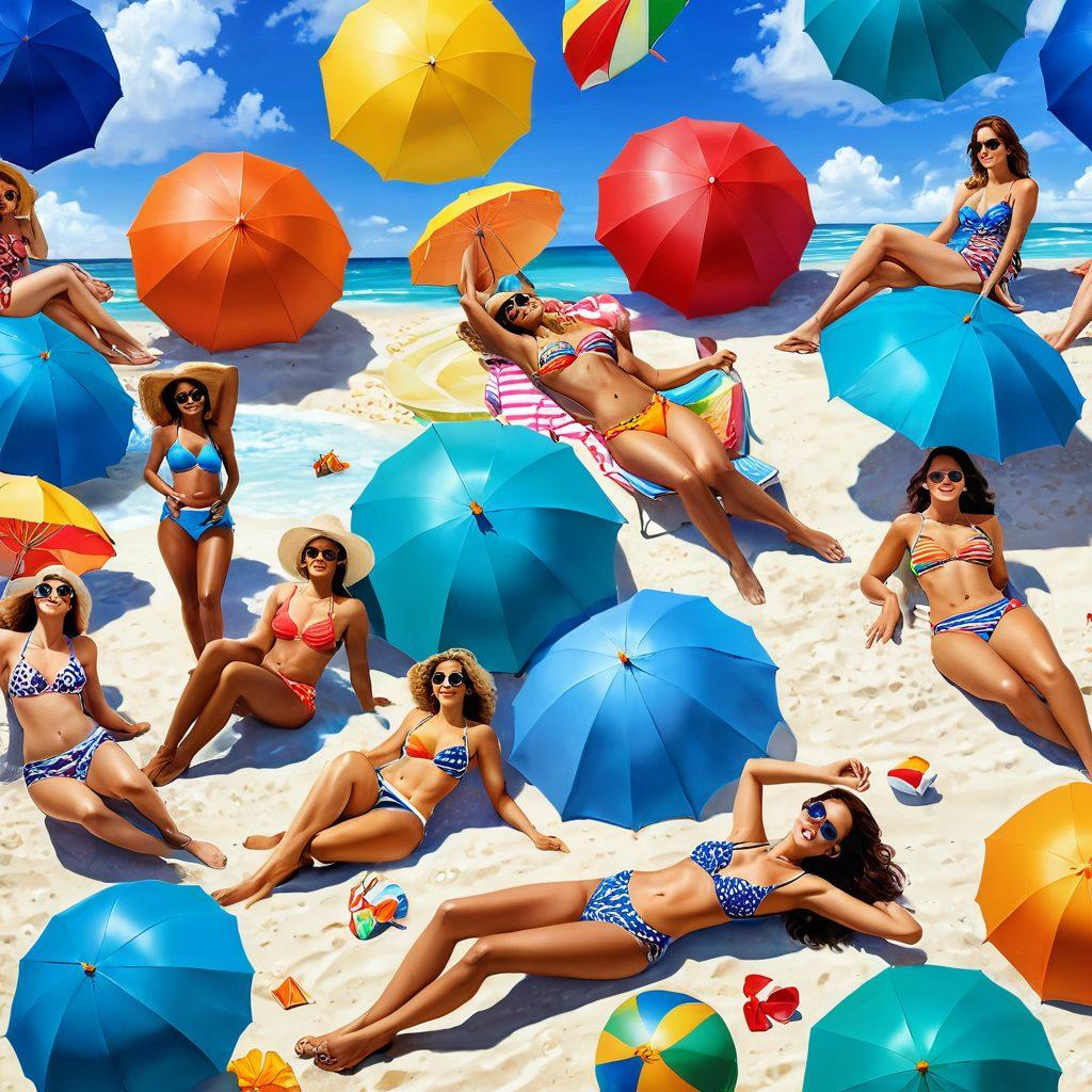 A vibrant beach scene showcasing diverse individuals of all body types proudly wearing trendy swimsuits, lounging under colorful umbrellas with a sparkling ocean in the background. Include playful beach accessories like sunglasses and beach balls, along with a bright blue sky and fluffy clouds. The atmosphere should exude a sense of joy, confidence, and summer fun. super-realistic. vibrant colors.